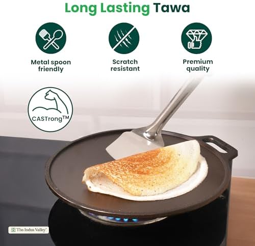 The Indus Valley Super Smooth Cast Iron Tawa for Dosa/Chapathi | 30.4cm/12 inch, 2.3kg | Induction Friendly | Naturally Nonstick, Pre-Seasoned Tawa, 100% Pure & Toxin-Free