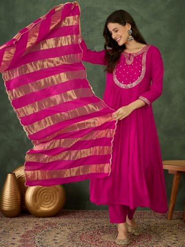 Image of Naixa Women's Chanderi Embroidered Flared Kurta with Pant and Dupatta Sets (NX-762)