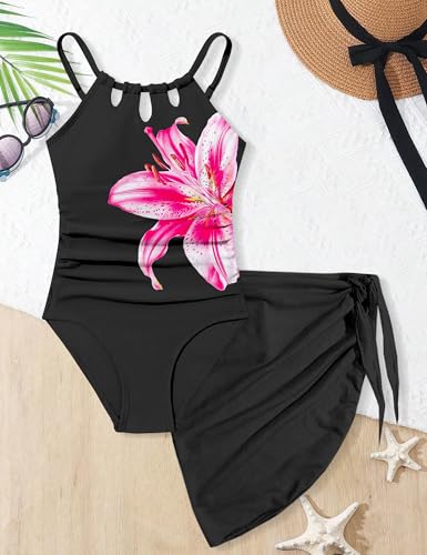 Image of KANGKANG Girls Swimsuit Quick Dry Cut Out One Piece Swimsuits with Tropical Print Cover Up Skirt Bathing Suit Swimwear 7-18Y