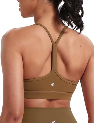 HeyNuts to Freest Womens Y Back Sports Bra, Low Impact Spaghetti Thin Strap Racerback Wirefree Workout Athletic Basic Gym Yoga Tops Padded with Built in Bras Allspice Brown XS