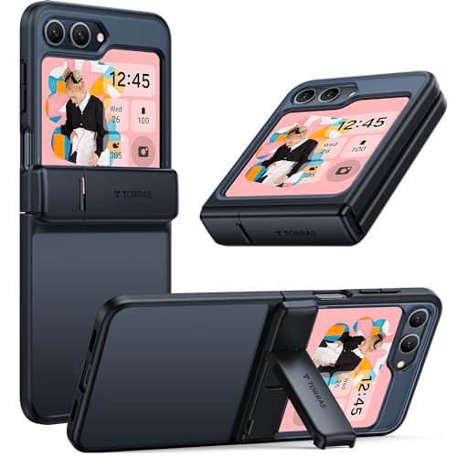 TORRAS Armor Stand for Samsung Galaxy Z Flip 5 Case with Hinge Cover & Build-in Stand, Military Grade Drop Protection, Heavy Duty Matte Hard Slim Case for Samsung Flip 5 Case Black