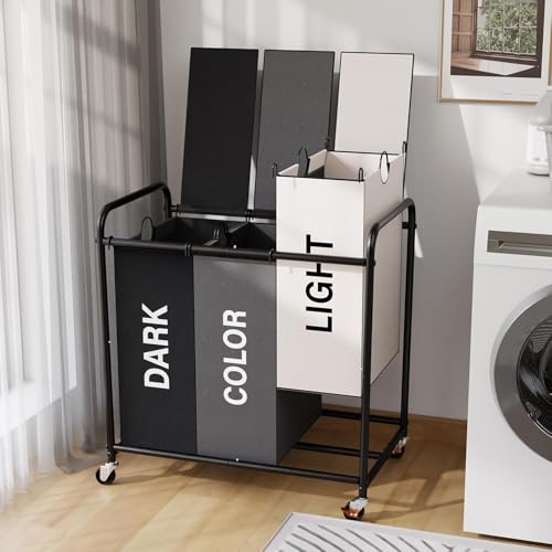 180L Laundry Sorter 3 Section with Lockable Wheels and Lid Multicolor | 3 Large Separate Removable Bags | Heavy Duty Rolling Laundry Basket | Laundry Hamper Cart for Laundry Room Organizer