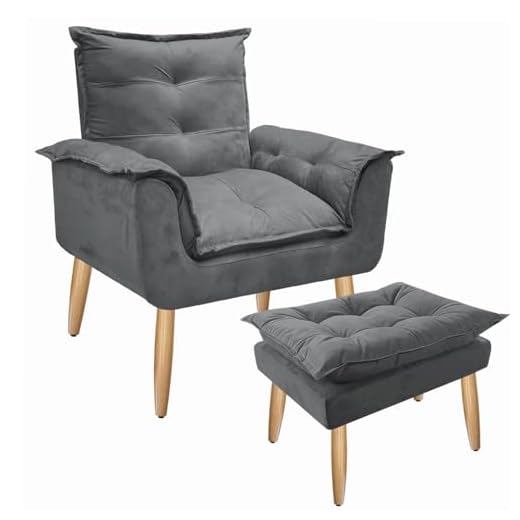 Combo Poltrona Decorativa Opala Deluxe com Puff Suede Cinza