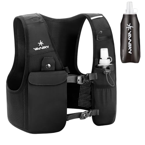 Running Vest for Women Men, Lightweight Breathable Hydration Vest with 500ml Soft Flask, Adjustable Reflective Running Vest with Pockets for Trail Running Hiking