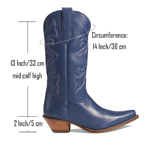 Image of LEHOOR Cowboy Boots Women Embroidered Mid Calf Western Boots Stacked Low Heel Pointed Toe Pull On Cowgirl Boot 4-11 M US