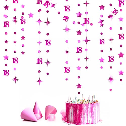 Image of Hot Pink 18th Birthday Decorations Number 18 Circle Dot Twinkle Star Garland Metallic Streamer Banner Backdrop for Girls Happy 18th Birthday Time to Adult Cheers to 18 Years Old Anniversary Party