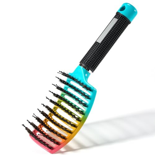 Hair Brush Without Pulling, Professional Detangling Brush with Handle, Smooths Frizz and Breathable, Boar Bristles Hair Styling Brush for Long Fine Thick Curly Hair