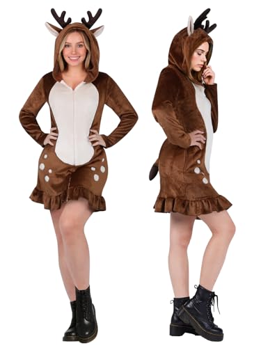 Animal Hoodie Costume Dress for Women - Plush Fitted Halloween Cosplay Outfit with Hood, Tail & Pockets (Deer, Medium)