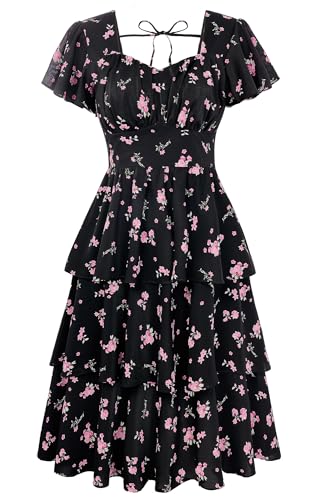 Image of Belle Poque Women's Vintage Square Neck Dress 2026 Summer Short Sleeve Layered Tiered Ruffle A-line Swing Midi Dress