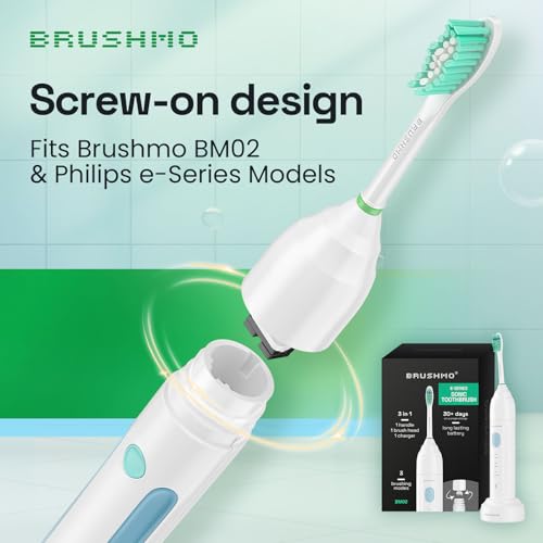 Image of Brushmo e-Series Total Clean Replacement Toothbrush Heads, Compatible with Philips Sonicare Screw-on Electric Toothbrush Handles, 6 Standard Heads, Medium Firm Dupont Bristles, BM726-bg, White