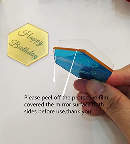 Set Of 12Pcs Hexagon Cake Topper Disc, Happy Birthday Mirror Acrylic Cake Discs, Topper Decor For Cupcake,Mini Acrylic Cake Toppers (Gold Mirror) #TOP1