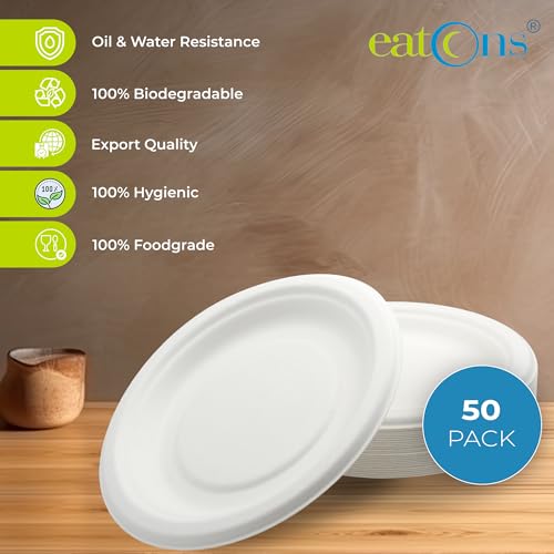 Image of EATONS 10 inch, 50 Pack Disposable Bagasse Plates | Eco-Friendly, Disposable Plates Big Size | Dinner Paper Plates | Birthday, Wedding & Party | Round, White