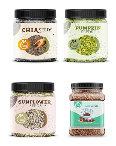VEXA NATURALS Raw Seeds for Eating Combo Pack - 800gm | (Pumpkin, Chia, Sunflower and Flax Seeds - 200gm Each, Pack of 4) | Perfect for Diwali Gifting | High Fiber & Protein | Plant-Based, Vegan.