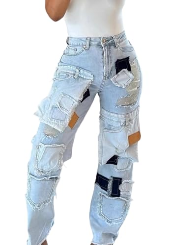 Tbahhir Women Distressed Jeans High Waist Wide Leg Patchwork Denim Pants Boyfriend Trendy Trouser with Pockets