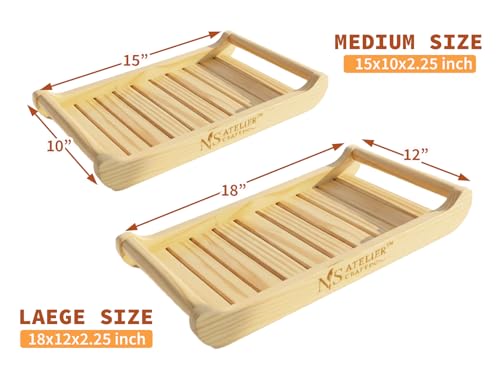 Image of Pine Wood Serving Tray Set of 2 with Handles | Medium 15x10x2.25 & Large 18x12x2.25 Inch | Multipurpose Wooden Breakfast, Tea, Coffee, Food Tray | Natural Finish