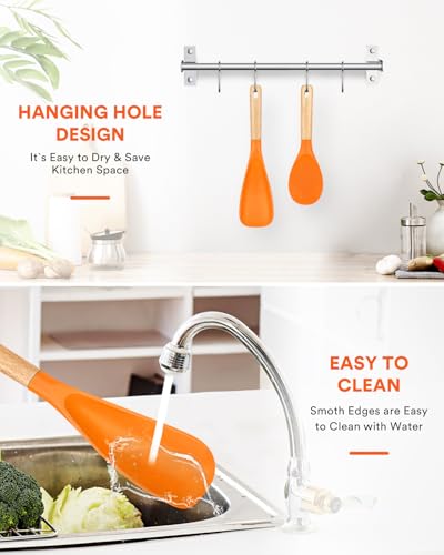 Image of Cooking Spoon and Rice Scooper for Nonstick Cookwares, Great for Cooking and Serving Durable BPA-Free Matte Silicone, Wood Handle Spoon for Mixing, Scoop, and Scrape (ORANGE)