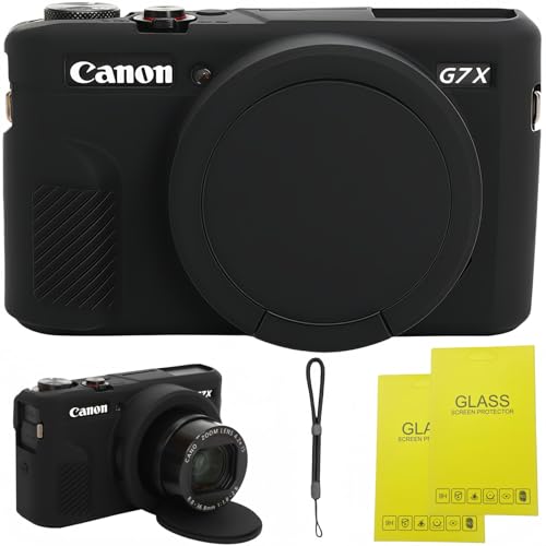 Case for Canon G7 X Mark II Camera Soft Silicone Protective Case with Improved Down-Open Design Lens Fully Clear Includes 2 Screen Protectors & 1 Wrist Strap Lightweight Anti-Scratch (Black)