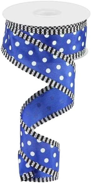 Small Polka Dots & Stripes Wired Edge Ribbon - 10 Yards (Royal Blue, 1.5 Inch)