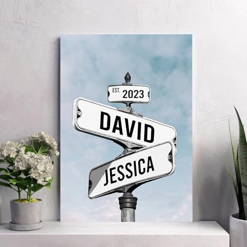Personalized Crossroads Sign Couple'S Name And Date On Vintage Street Sign Blue Sky Poster Canvas Prints Love Gift For Anniversary, Wedding, Birthday And Holidays, Gift for Girlfriend/Boyfriend