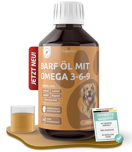 5-in-1 Barf Öl Hund [Made IN Germany 100% NATÜRLICH & LABORGEPRÜFT] Omega 3-6-9 Komplex mit Premium Lachsöl Leinöl Rapsöl & Borretschöl Kaltgepresstes Futteröl (250ml)