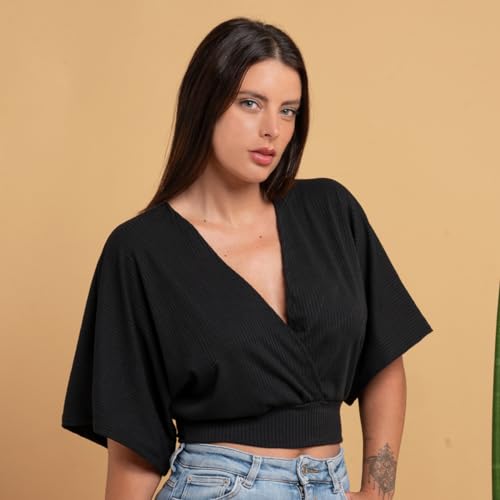 Blusa Manga Morcego Canelada Cropped Plus Size Feminina Decote V (M (40), Preta)