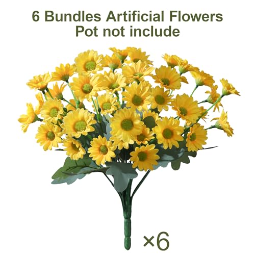 Image of HyeFlora Artificial Mums for Outdoors Fall Decor, 6 Bundles Fake Flowers UV Resistant Realistic Faux Flowers Bouquet Silk Flowers for Outside Planter Porch Patio Garden Yard Balcony Home, Yellow