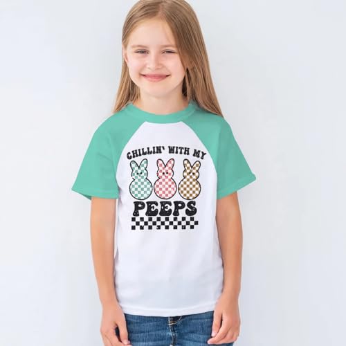Image of MODNTOGA Boys Girls Easter Outfit Bunny Graphic T-Shirt Chillin' with My Peeps Letter Print Short Sleeve Tee Tops