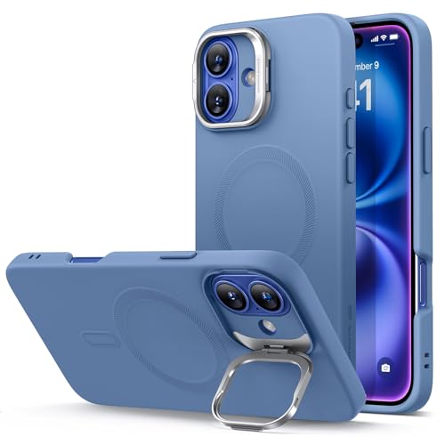 Image of ESR for iPhone 16 Plus Case, Silicone Case with Stand, Compatible with MagSafe, Built-in Camera Stash Stand, Magnetic Phone Case, Cloud Series, Light Blue
