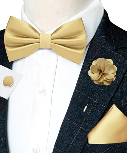 Image of RBOCOTT Solid Color Bow Tie and Pocket Square with Lapel Pin Cufflinks Set 4PCS