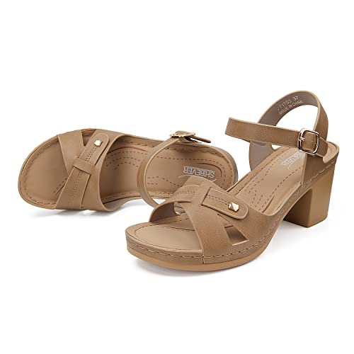 Shibever Women Sandals Chunky Heel Open Toe Ankle Strap Pump Sandals Summer Dressy Mid-Heeled Sandals Brown/Khaki 8 #TOP6