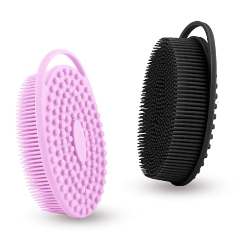 Soft Silicone Body Shower， Exfoliating Silicone Body Scrubber, Silicone Loofah 2 in 1 Bath and Shampoo Brush, Body Scrubber Shower Easy to Clean for Sensitive Skin, Lather Well 2 PCS Black and Purple