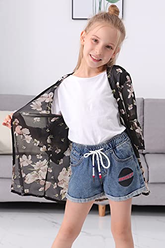 Gorlya Girl's Floral Print Chiffon Beach Cardigan Cover Ups Kids Casual Kimono Capes Swimsuit Wraps(Gor1128,12Y,Black Print) #TOP3
