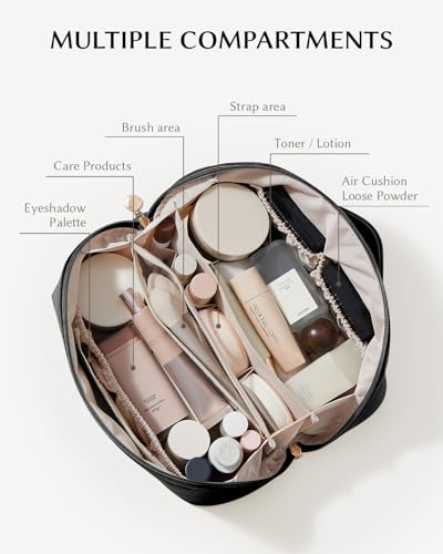 Image of EACHY Travel Makeup Bag, Lychee Leather Large Capacity Cosmetic Bag for Women, Open Flat Toiletry Bag with TPU Brush Compartment, Waterproof Skincare Organizer Travel Essentials