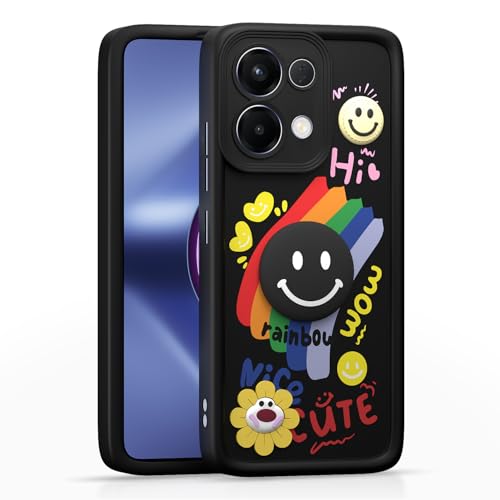Image of Pikkme Back Cover for Oppo K13 5G | Soft Silicone| Cute Rainbow Smile & 3D Cartoon Flower Design | Shockproof Raised Camera Protection Bumper Case (Black)