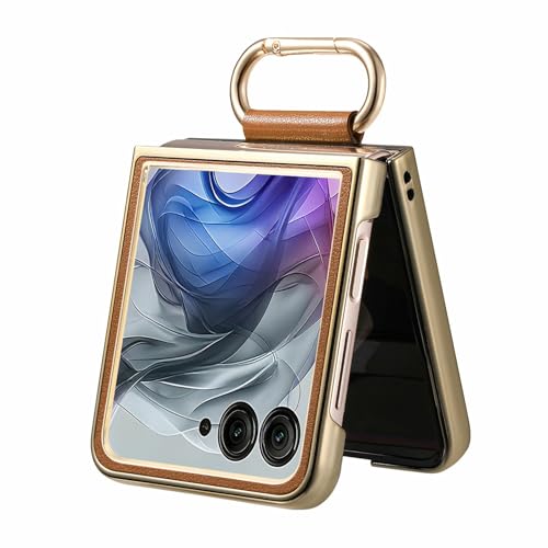 Image of for Motorola Razr 50 Ultra 5G Case Electroplating Leather Coated PC Phone Cover with Spring Ring Buckle Kickstand - Brown