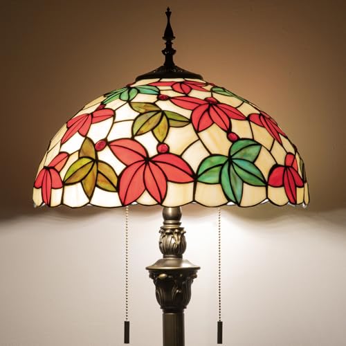 Image of Tiffany Floor Lamp, 16 inch Stained Glass Maple Leaf Shade with Antique Bronze Base, 2-Light E26 Pull Chain Standing Reading Light for Living Room Bedroom16x16x64 Inches (White Maple Leaf)