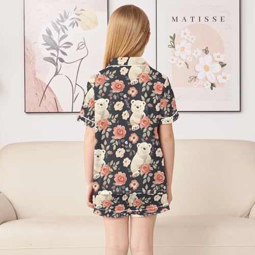 ALAZA Bear Rose Flower Floral Pajamas Satin Pajama Set Short Sleeve Button Down Sleepwear4
