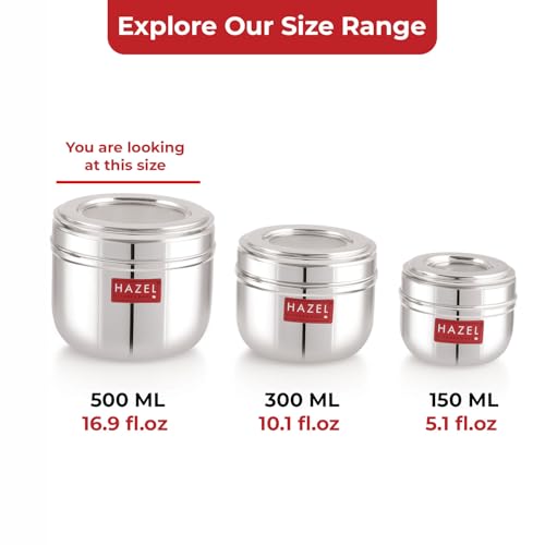 Image of HAZEL Stainless Steel Transparent Lid Containers | Versatile Storage Jars with See-Through Top | Nesting Kitchen Canisters for Spices, Snacks & Grains | 500ml (Set of 2)