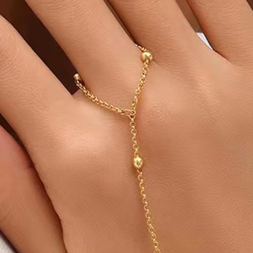 Image of Long tiantian Hand Chain Bracelet Gold Link Finger Ring Slave Bracelet
