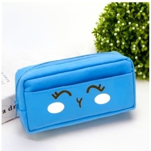 Image of Kawaii Blushing Face Pencil Pouch | Cute Blue Zipper Case for Girls & Kids (Blue)