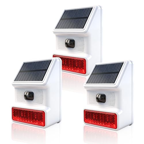 WARROXIDE 3 Pack Solar Sound and Light Alarm Motion Sensor 100dB Outdoor Security Siren with Flashing Light IP65 Waterproof Motion Activated Detector Alarm 3 Modes for Travel Yard Farm Home Barn