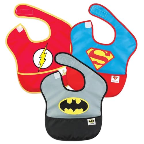 Image of Bumkins Bibs for Girl or Boy, SuperBib Baby and Toddler for 6-24 Months, Essential Must Have for Eating, Feeding, Baby Led Weaning, Mess Saving Waterproof Soft Fabric, 3-pk DC Comics Justice League