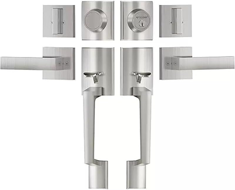 SUYA Heavy Duty Double Front Door Lock Set with Single Cylinder Deadbolt & Square Lever (Keyed and Dummy Combo) - Reversible for Left/Right Hand Exterior Entry Doors - Satin Nickel