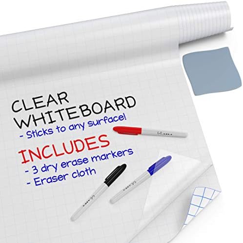 Kassa Clear Dry Erase Board Sticker - 17.3" x 78ââ‚¬Â (6.5 Feet) - 3 Dry-Erase Markers Included - Transparent Adhesive White Board Film for Refrigerator, Desk, Office - Glass Dry Erase Board Altern