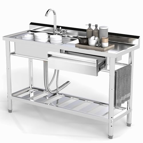 Toemics Stainless Steel Utility Sink, 47.2'' Free Standing Single Bowl Kitchen Sink with Cold and Hot Water Pipe, Right Drawer, Indoor and Outdoor for Laundry Room Farmhouse Kitchen(47.2 inch)