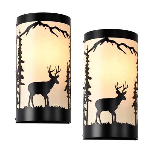 Image of Wall Sconces Set of Two,Deer Cream White Parchment Rustic Wall Sconces,Farmhouse Black Sconce Light,Industrial Metal Indoor Wall Lamps for Bedroom,Living Room,Hallway(Hardwired Only)