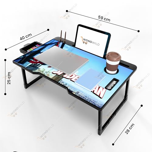 Image of WONDWILD Smart Multipurpose Foldable Laptop Table with Cup Holder, Study Table, Bed Table, Breakfast Table, Foldable and Portable /Ergonomic & Rounded Edges /Non-Slip Legs (ABS SP)