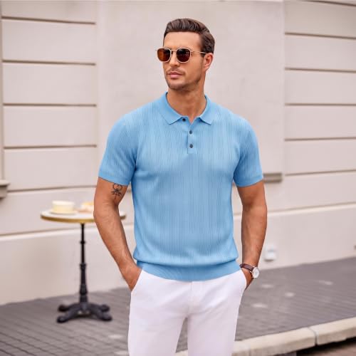 Polo de punto para hombre manga corta, texturizado, elástico, casual con cuello para golf de verano miniatura 4