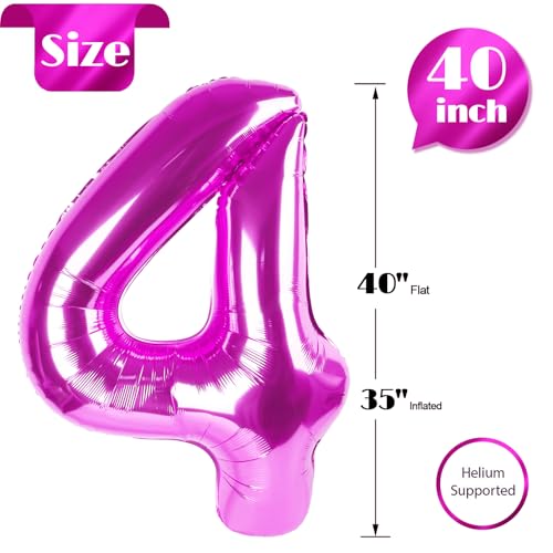 Image of Rosy Purple 4 Balloon, Number Balloons 40 Inch, 4th Birthday Decorations Four Large Numbers for Party Decor, Number 4 Balloon