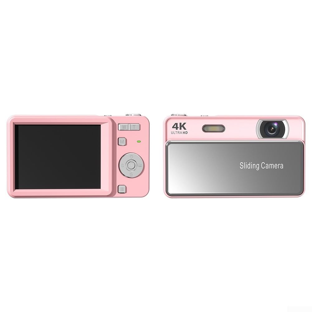 Fotocamera digitale scorrevole da 64 MP, zoom digitale 16X, per schermo HD da 2,8 pollici, video 4K, corpo in metallo per viaggi e vlog (rosa+32G)